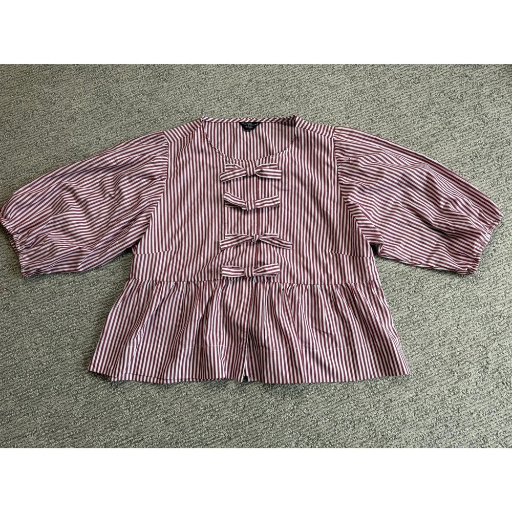 Velvet Heart Los Angeles Striped Bow Peplum Top Burgundy White Cotton Large - Picture 1 of 8